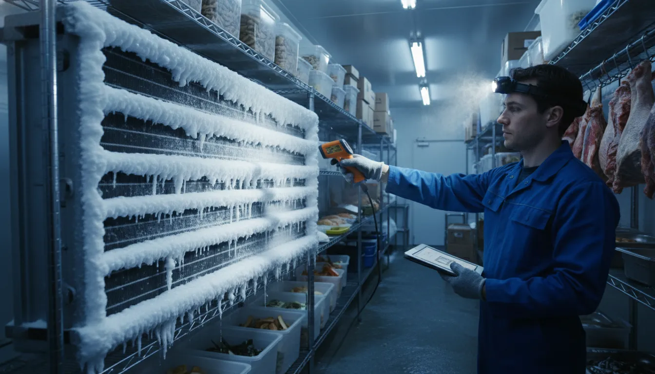 Frost buildup that may signal a walk in cooler repair need