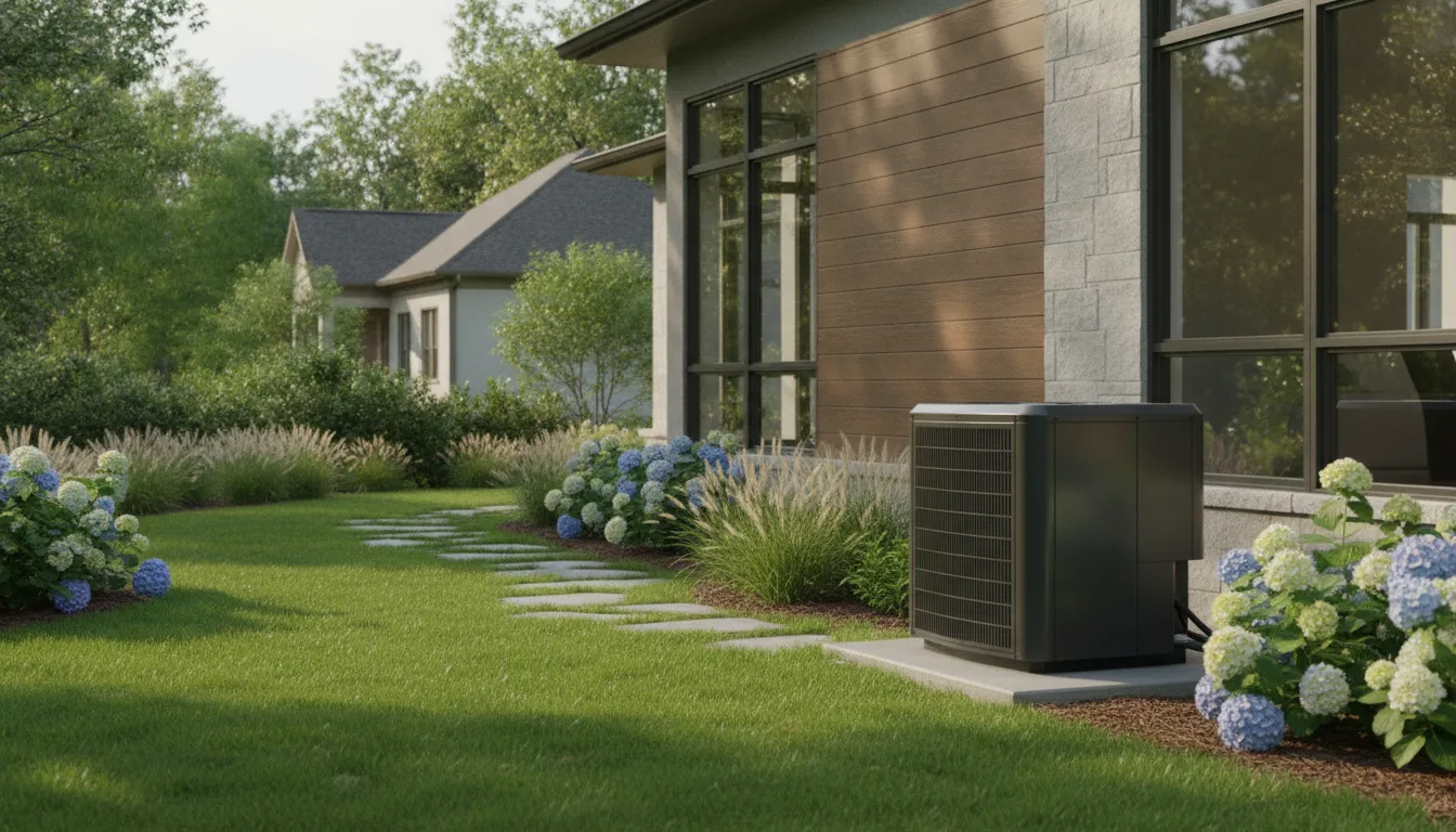 Variable-speed heat pump outdoor unit installed beside a modern home in Winston-Salem with professional landscaping