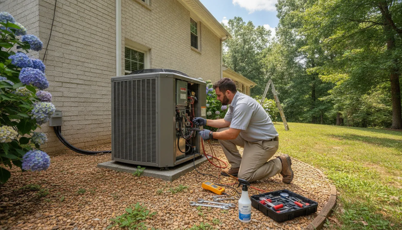 QRC technician inspecting an outdoor unit for emergency HVAC repair in Winston-Salem