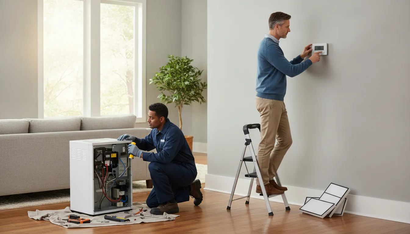 Homeowner and QRC technician checking a thermostat and indoor HVAC system