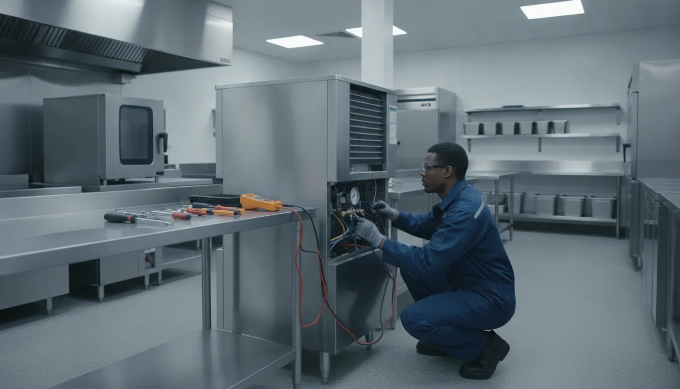 Technician performing commercial ice machine repair at a major service checkpoint