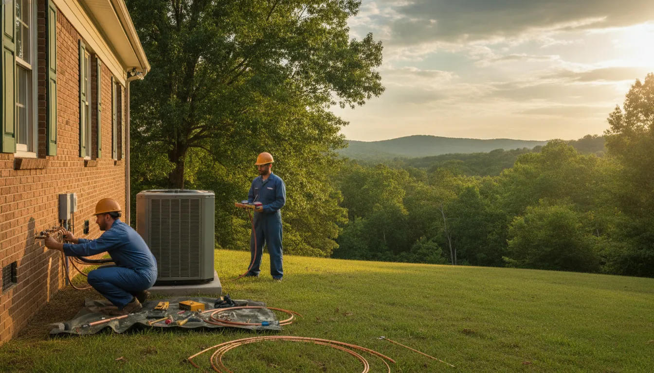 HVAC technicians completing a residential central AC installation