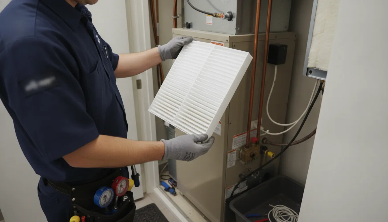 Homeowner checking an HVAC air filter between professional maintenance visits
