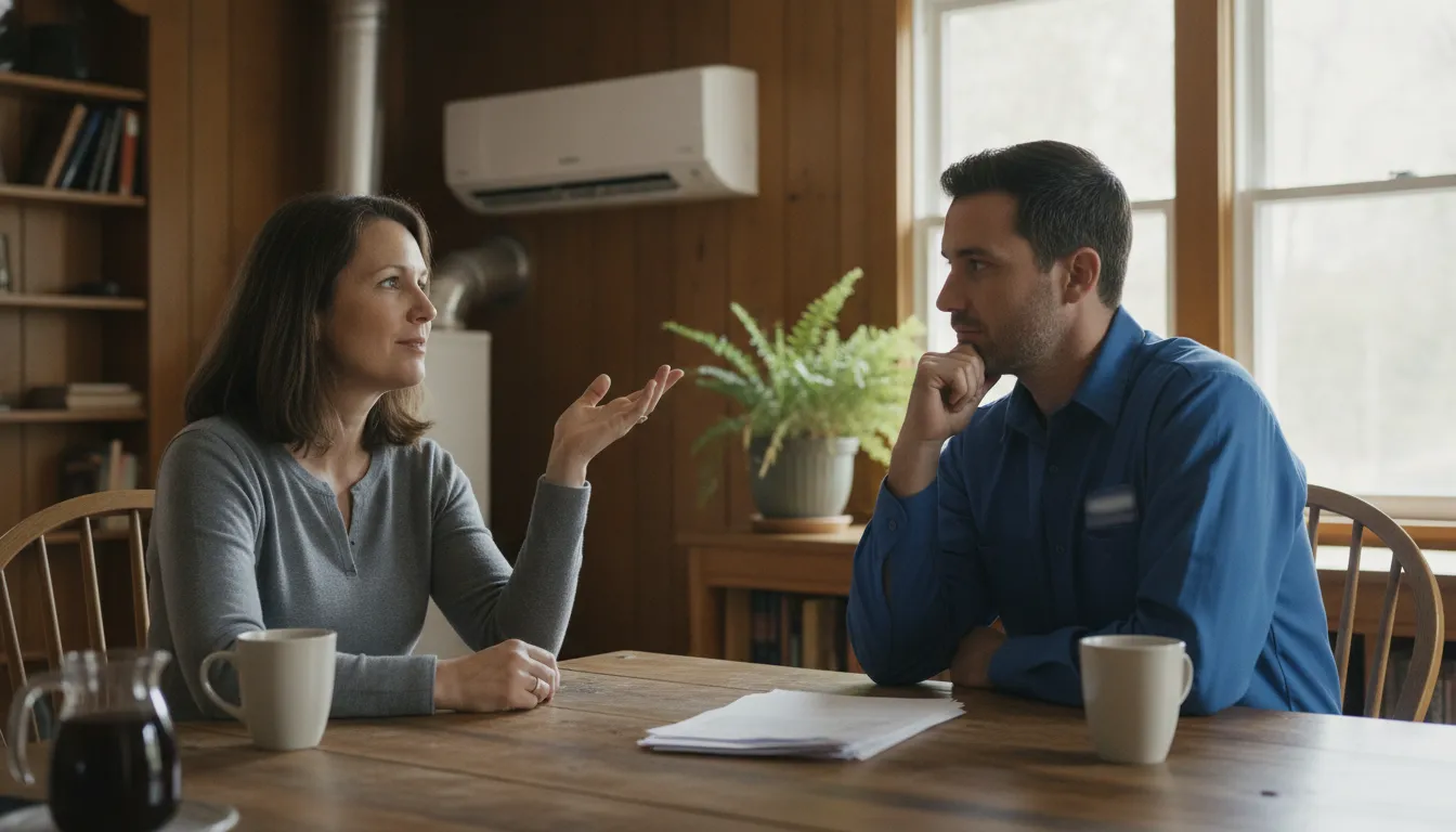 HVAC professional discussing energy use with a Mocksville homeowner