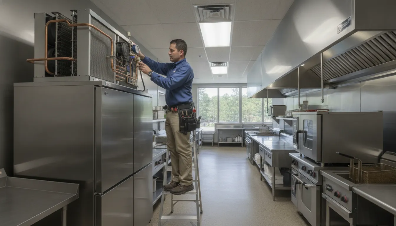 Commercial technician inspecting restaurant refrigeration equipment in North Carolina