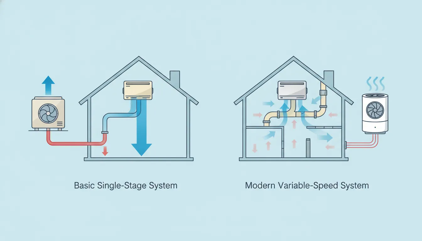 Visual comparison of single-stage and variable-speed central AC systems