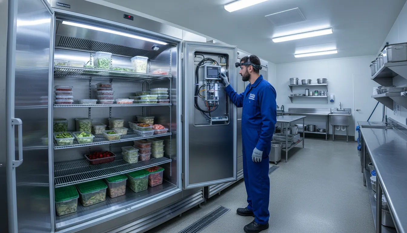 Refrigeration technician diagnosing a walk-in cooler control problem