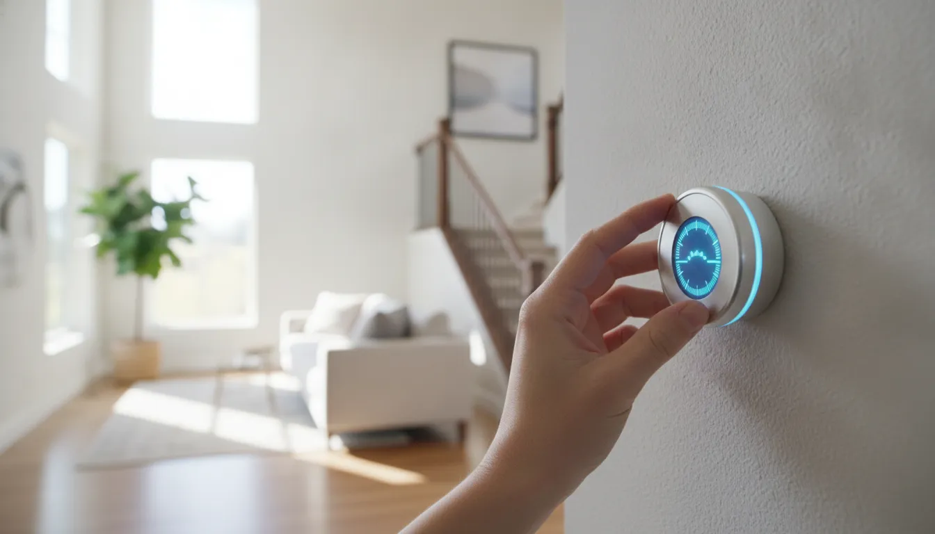 Homeowner adjusting a smart thermostat in a two-story family home living room