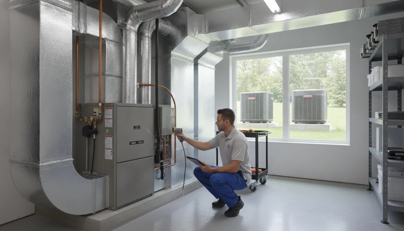 HVAC technician inspecting a dual-zone central air system in a large home mechanical room with two condenser units