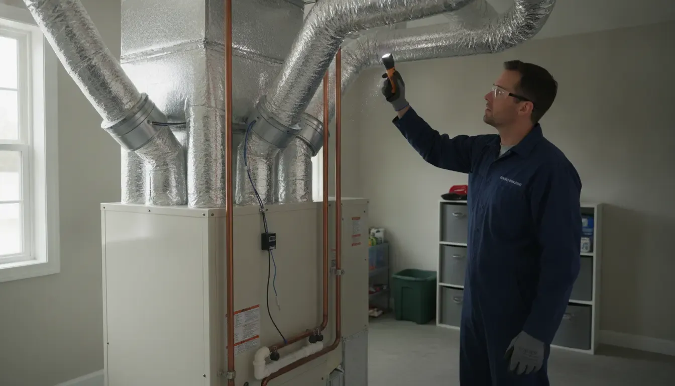 HVAC technician inspecting ductwork and zone dampers for a Clemmons home