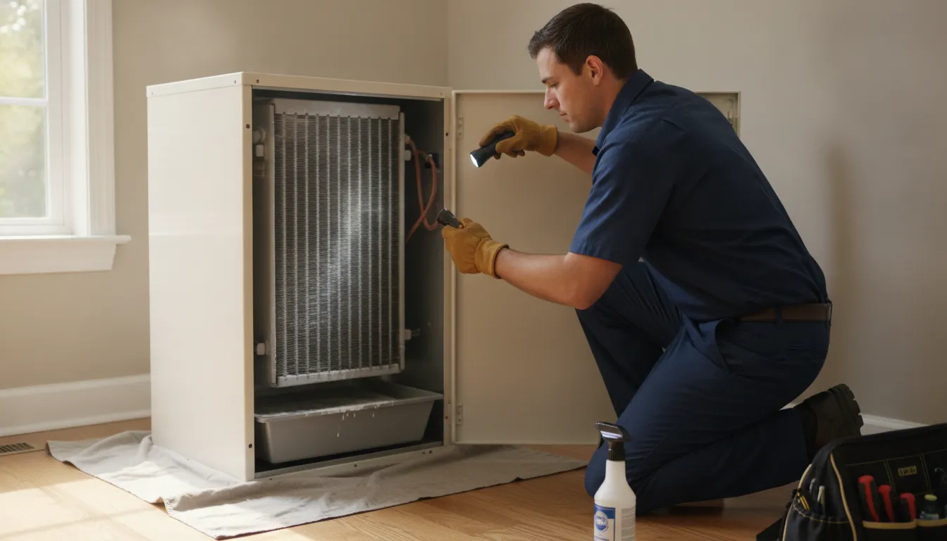QRC technician inspecting the evaporator coil and condensate drain inside an indoor air handler