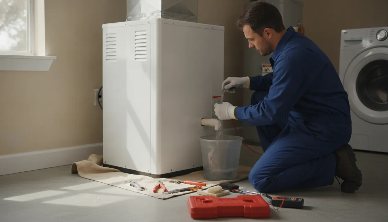 HVAC technician clearing a clogged condensate drain line next to an indoor air handler