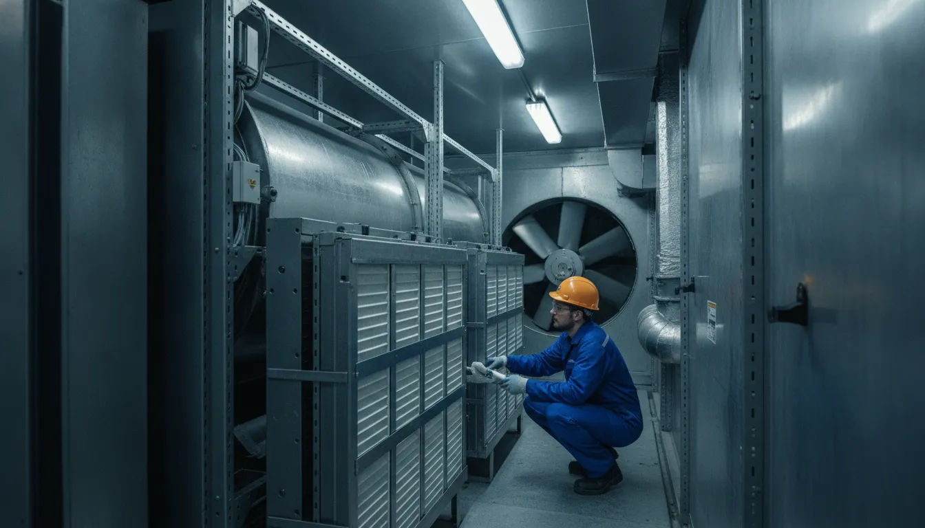 Technician inspecting a filter rack and fan inside industrial HVAC equipment
