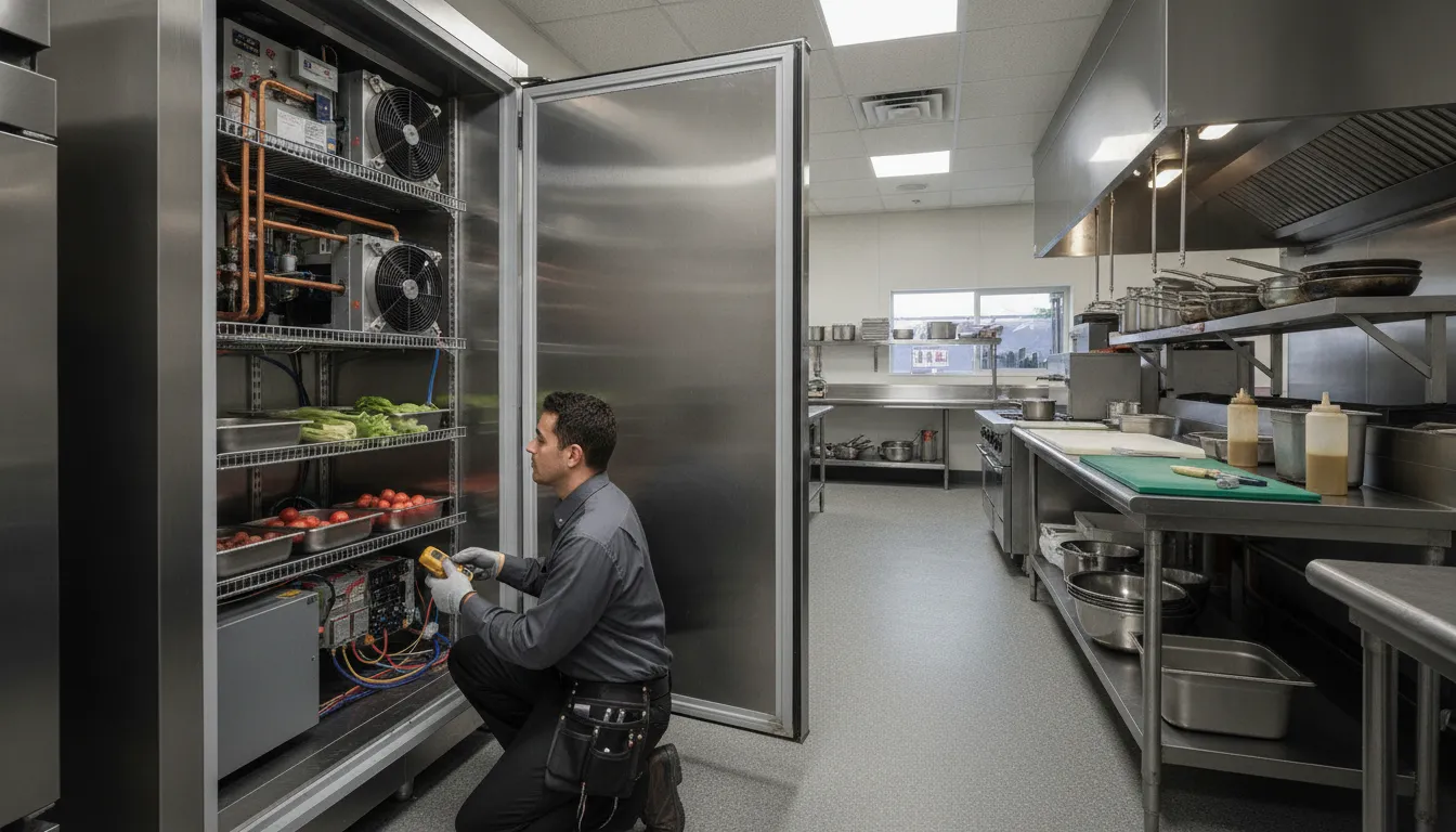 Technician inspecting commercial equipment for restaurant refrigeration repair