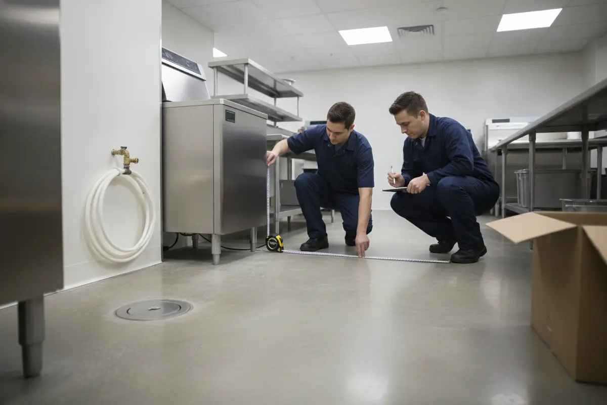 Restaurant staff measuring a clean back-of-house area for a commercial ice maker