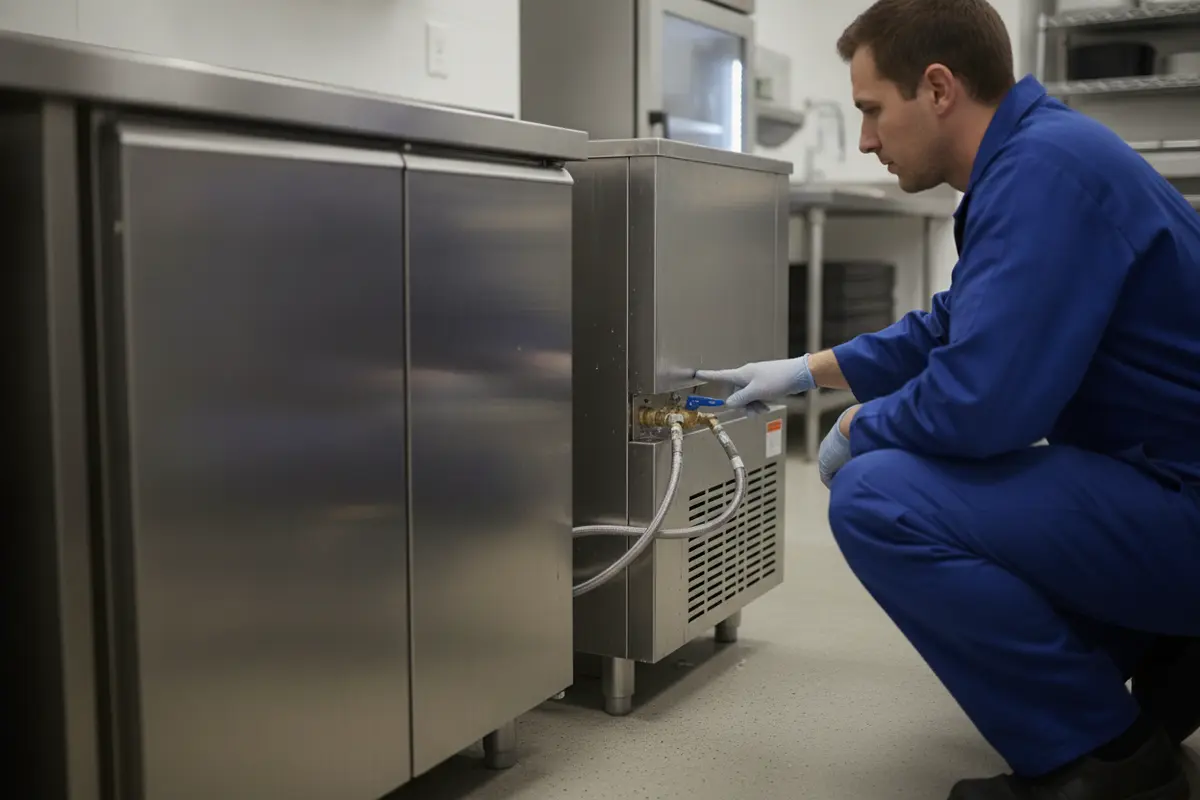 Technician checking a newly installed commercial ice maker and storage bin