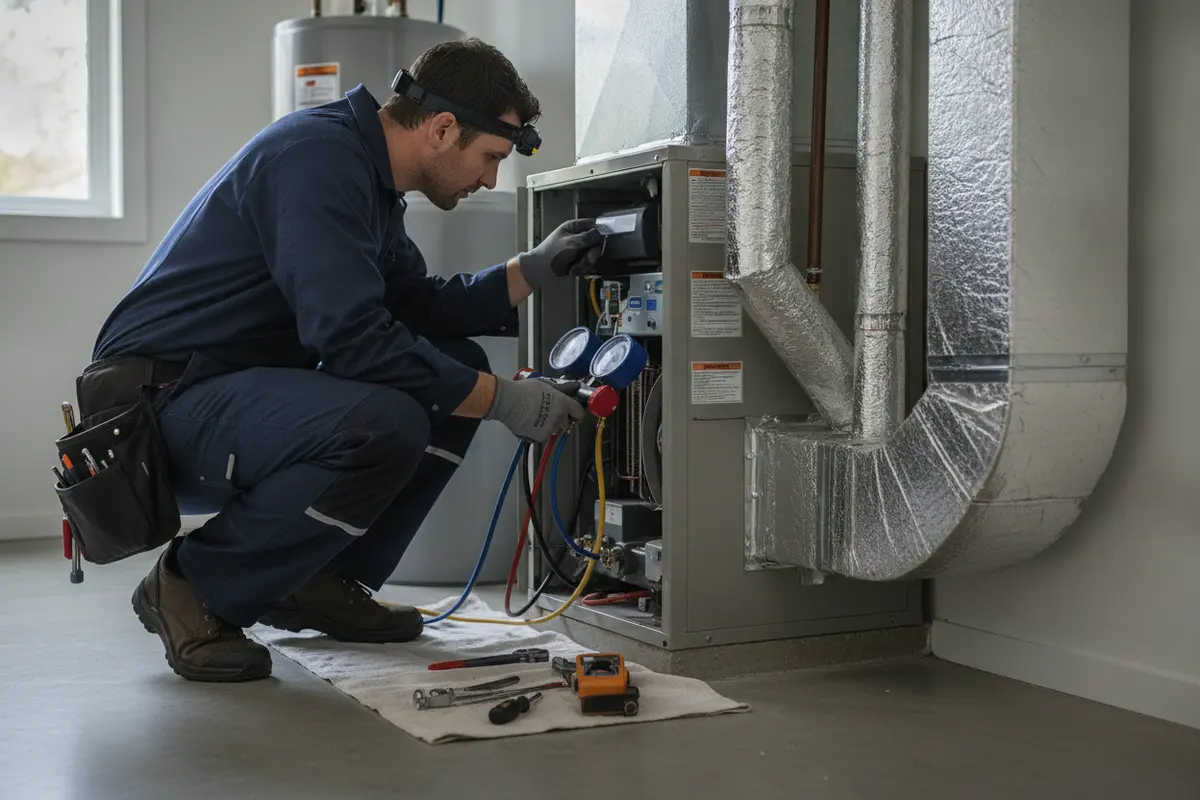 Technician checking residential HVAC equipment and duct connections
