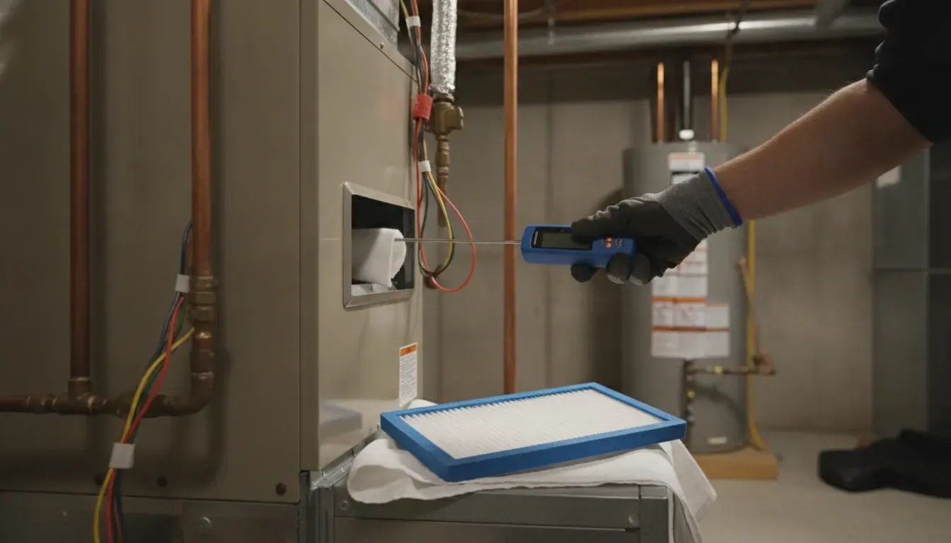 Technician checking a furnace filter and airflow during Yadkinville furnace repair