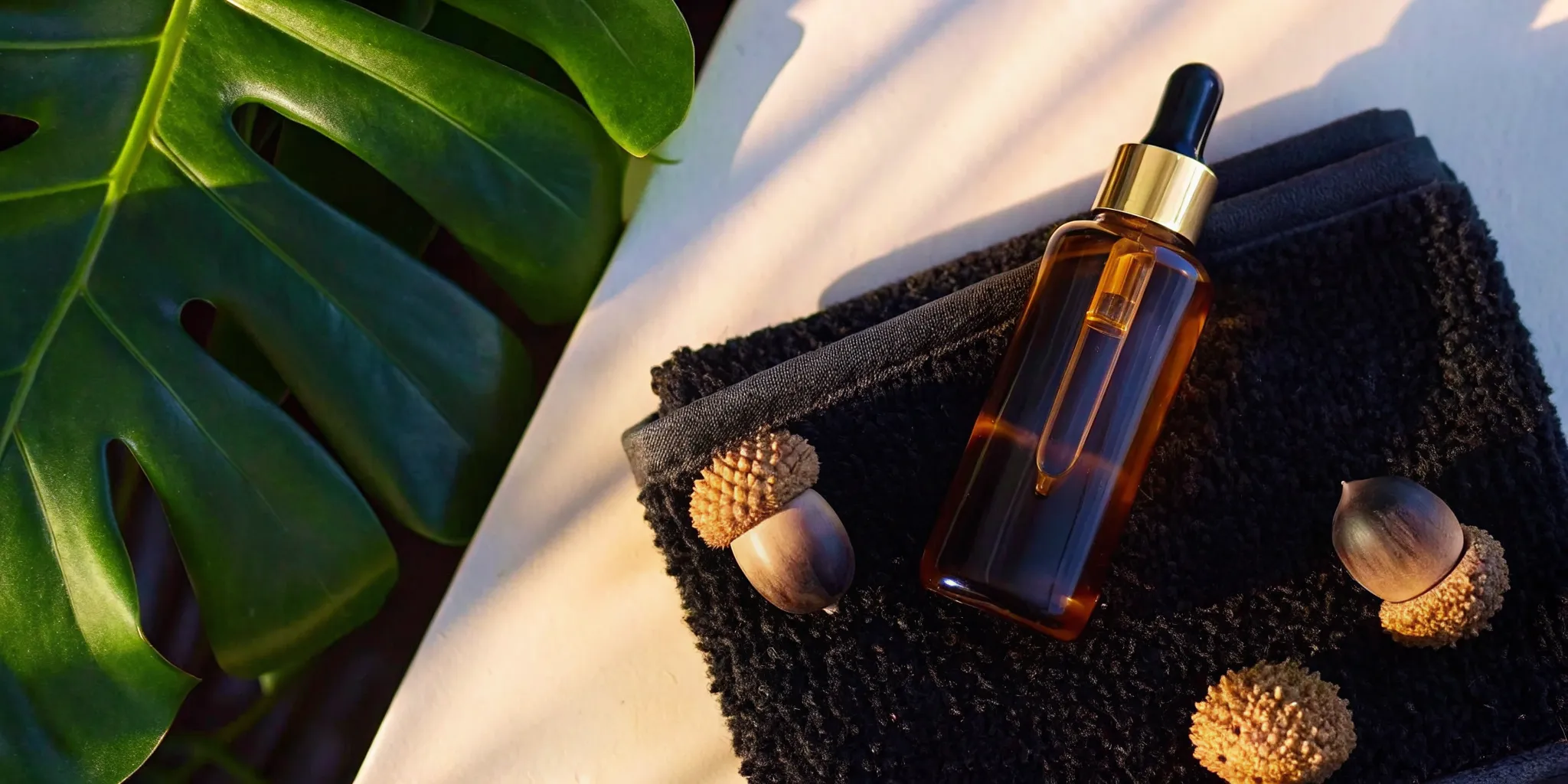 Face oil for pigmentation and dark spots arranged with acorn botanicals for a luxury routine
