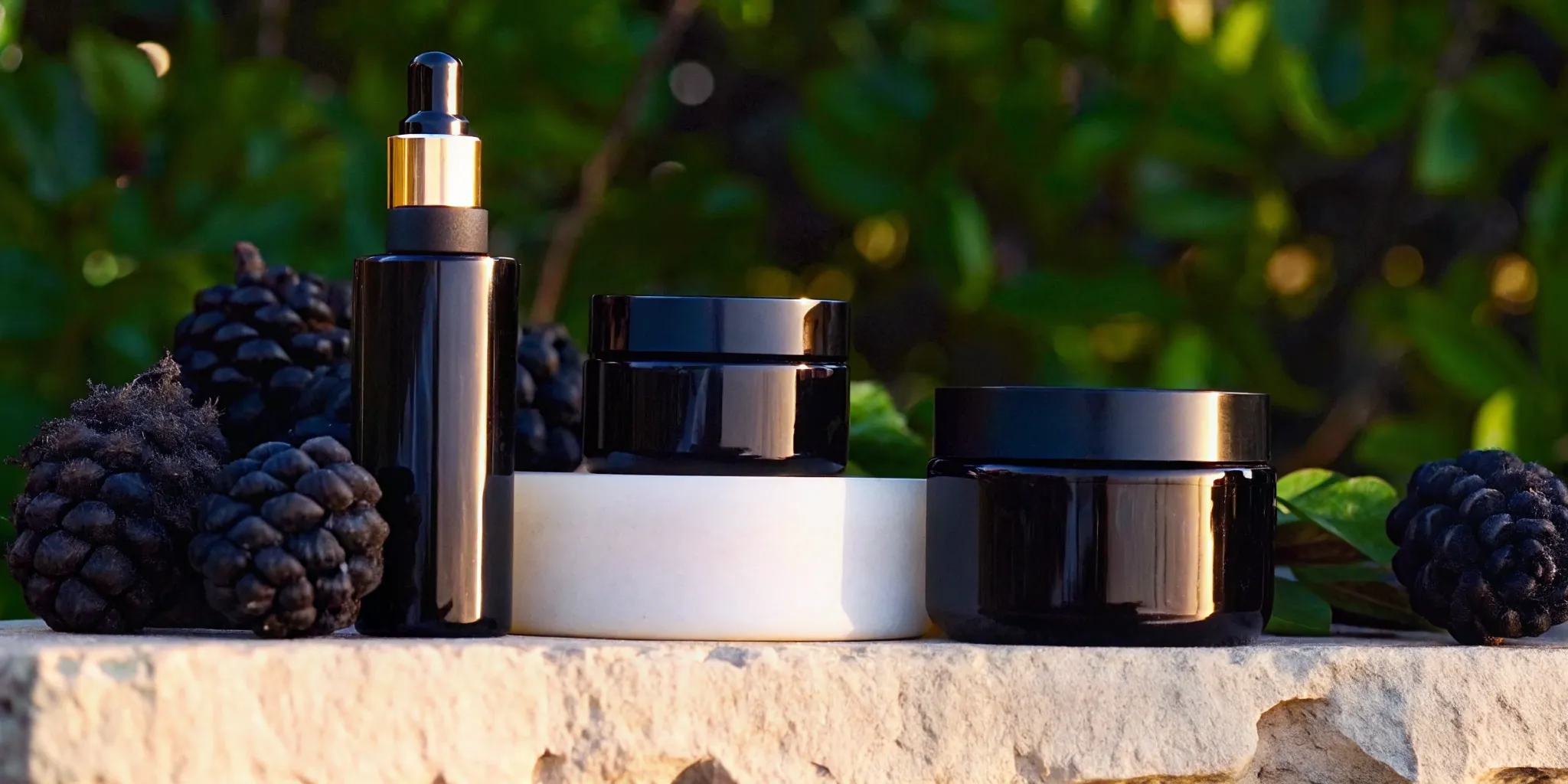 Luxury skincare ritual with glass vessels, botanicals, and black acorns