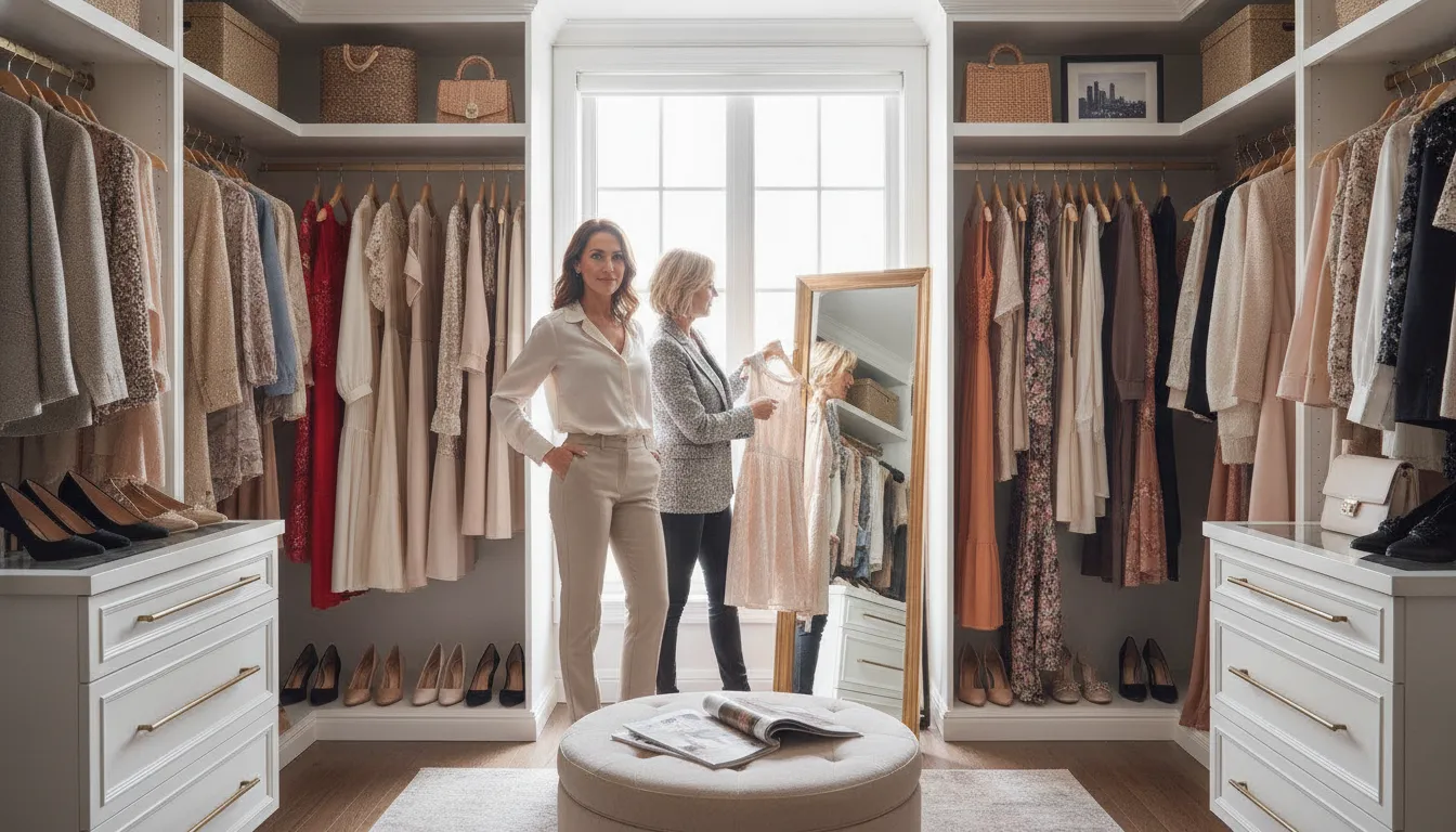 Femme elegante recevant des conseils de style personnalises dans une garde-robe organisee a Montreal