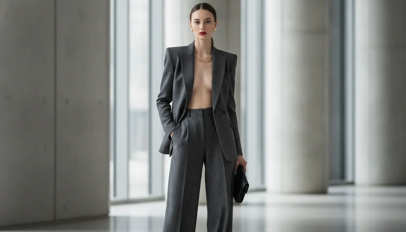 Femme en veste tailleur structuree pour morphologie en I