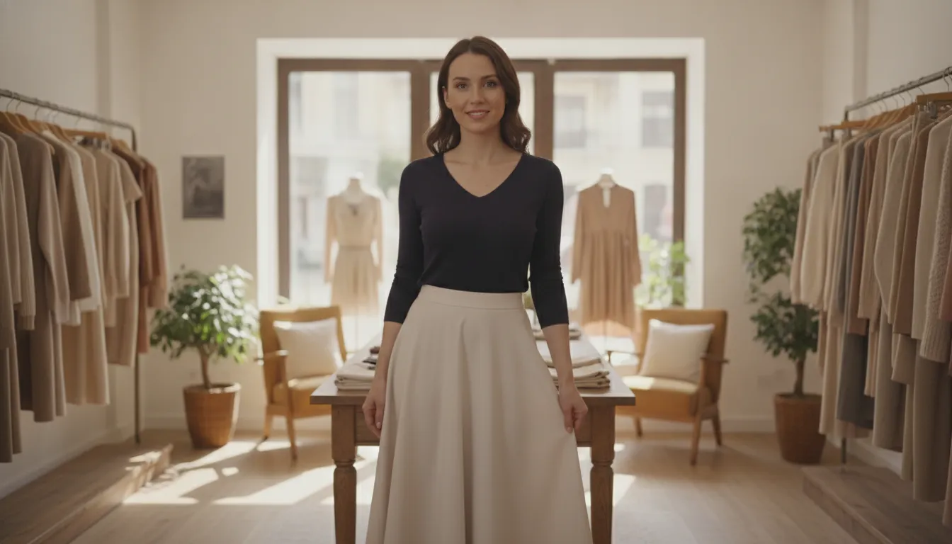 Femme élégante en tenue adaptée à la morphologie en V, portant un col en V sombre et une jupe évasée dans une boutique chaleureuse