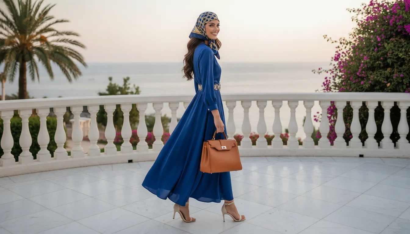 Femme en robe ceinturee avec accessoires pour morphologie en I