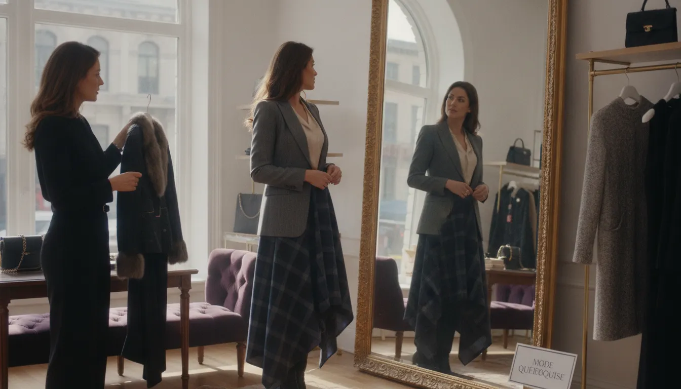 Femme d'affaires confiante essayant des vetements de qualite avec une styliste personnelle dans une boutique montreaalaise
