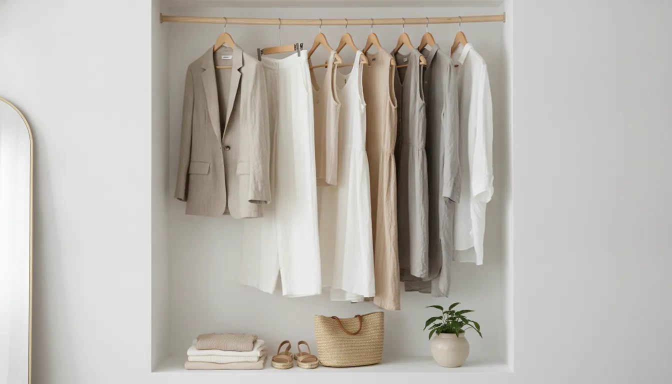Garde-robe capsule d ete avec vetements en lin sur cintres en bois