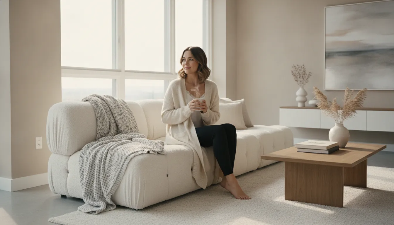 Femme élégante portant un cardigan long en tricot beige sur un haut blanc et legging noir, look cocooning chic pour la maison