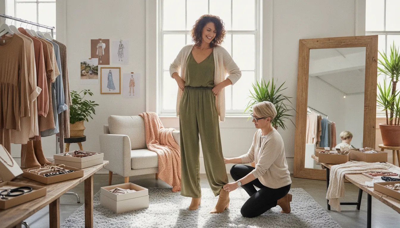 Styliste accompagnant une femme pendant une séance de relooking personnalisée