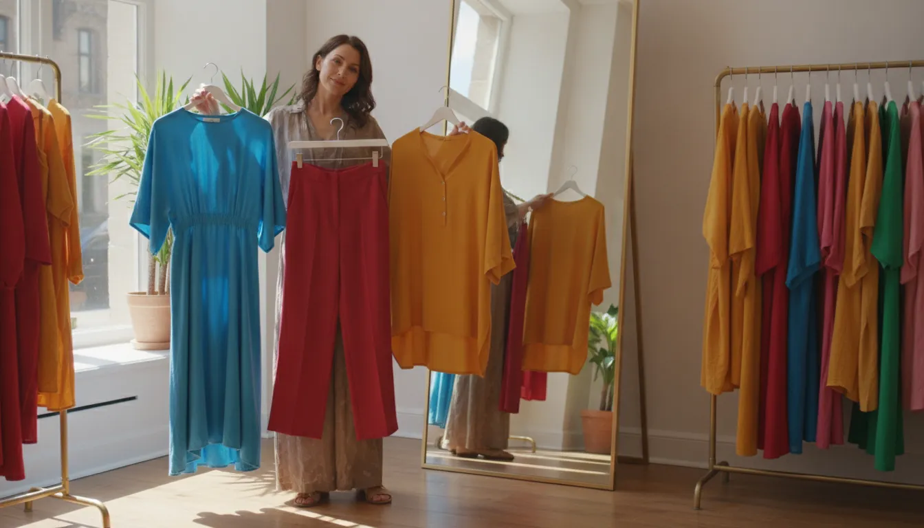 Femme comparant deux tenues pour équilibrer sa silhouette devant un miroir
