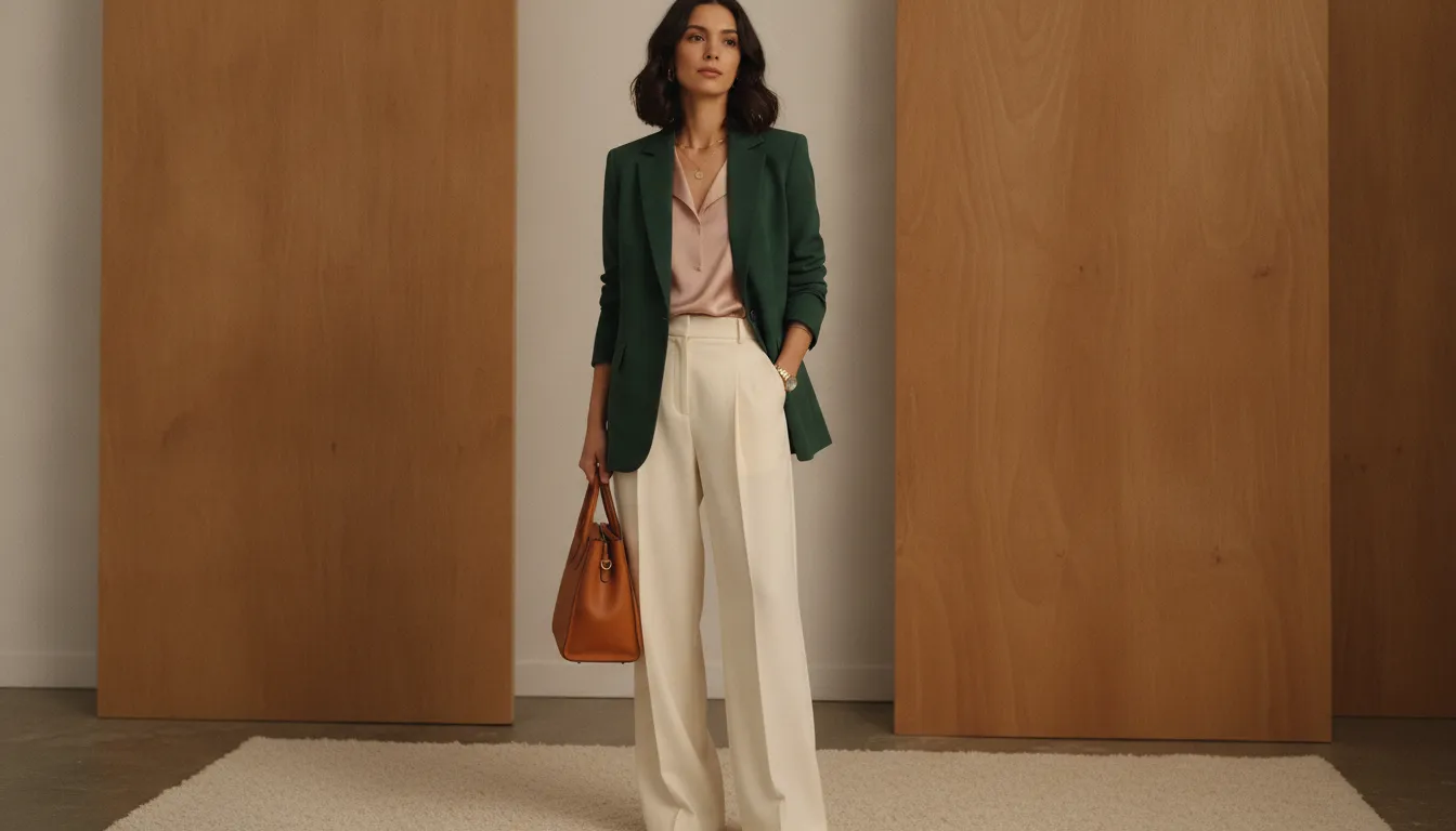 Veston femme moderne avec pantalon taille haute au bureau