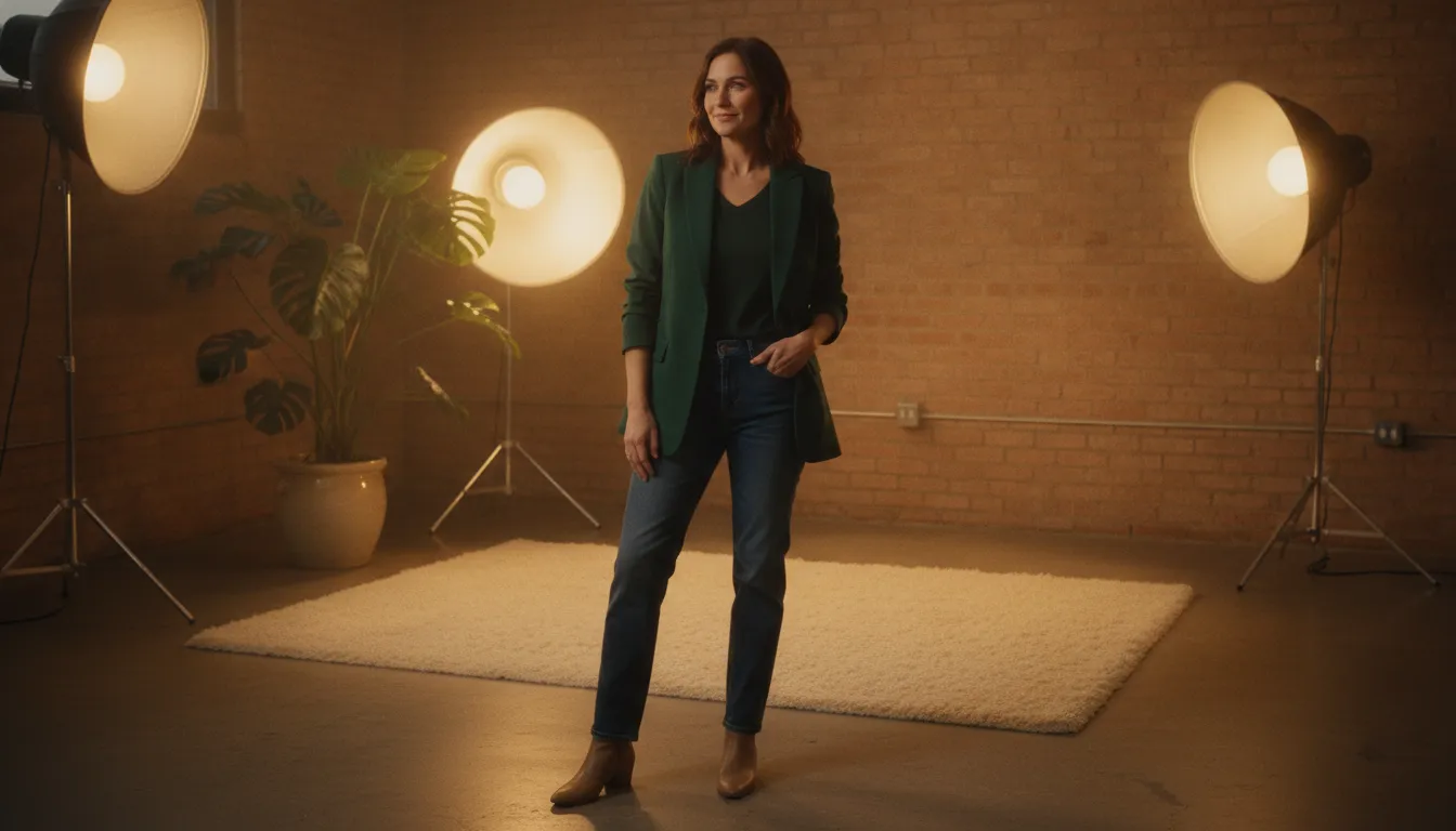 Veston femme structuré porté avec un jean droit