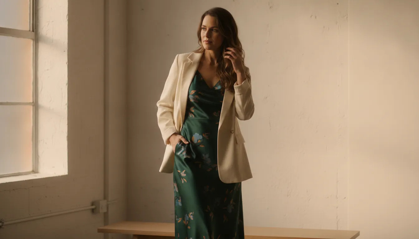 Veston femme fluide porté sur une robe midi