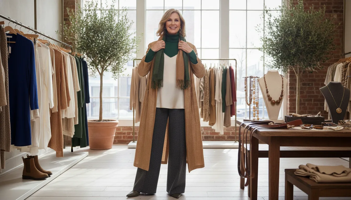 Femme composant une tenue polyvalente pour la mode femme 50 ans