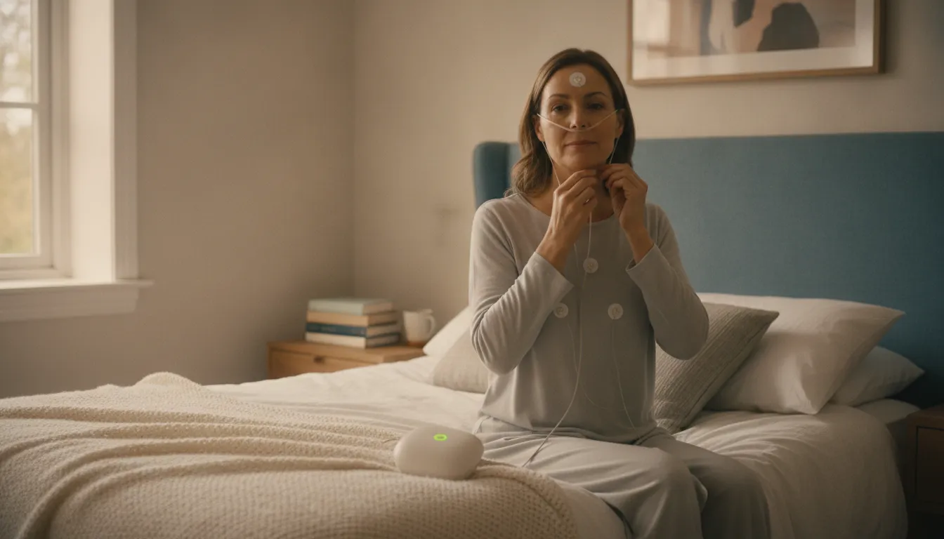 Adult preparing a home sleep apnea test in a quiet bedroom