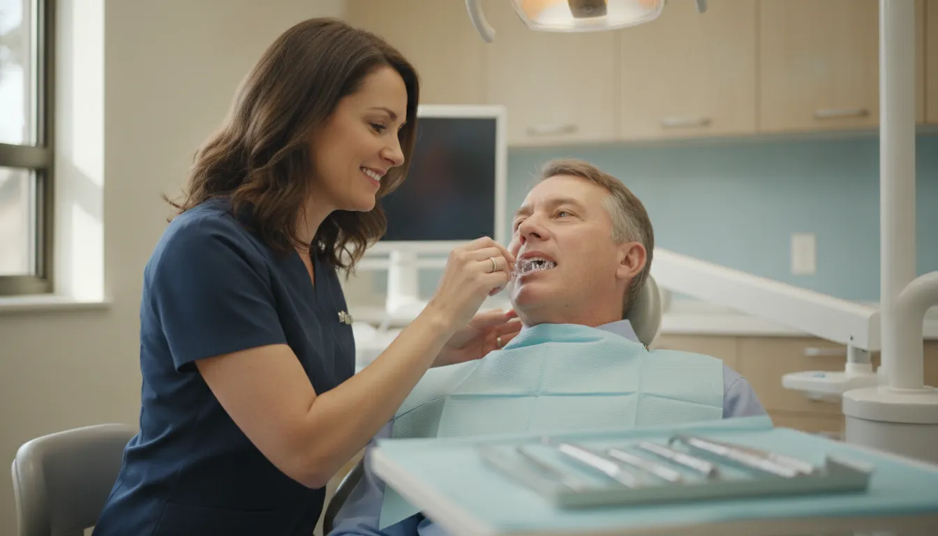 Dental sleep specialist fitting a custom oral appliance for a patient in a modern dental office