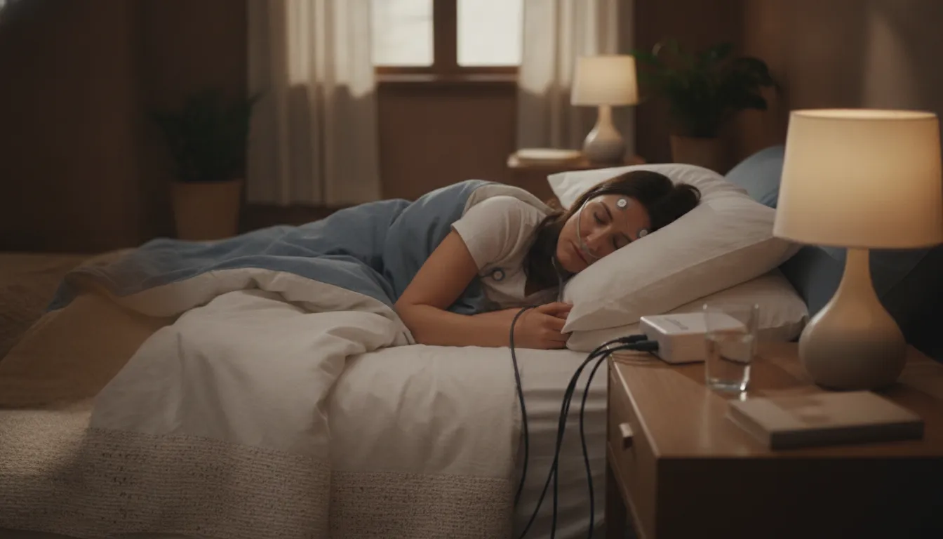 Patient sleeping at home with a home sleep test device used to measure breathing and AHI