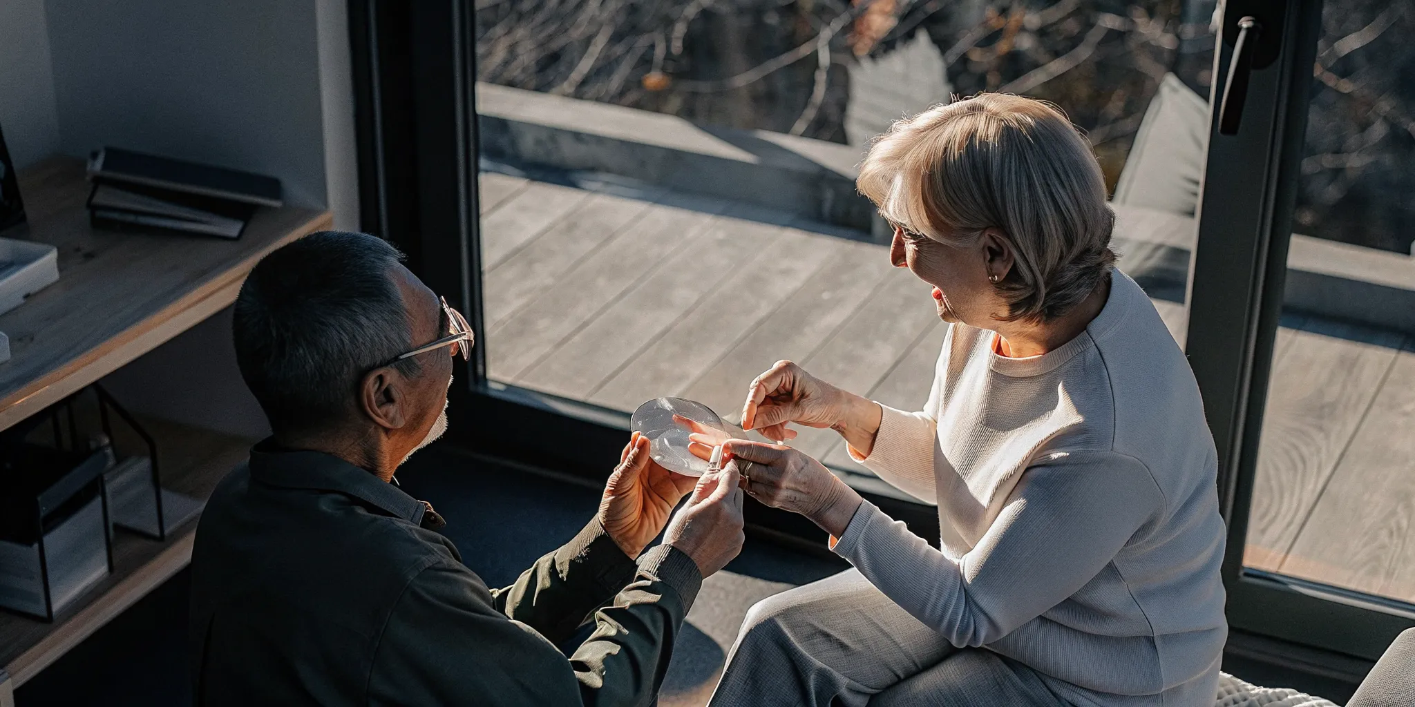 Dentist reviewing a custom oral appliance with an older adult patient during a sleep medicine consultation