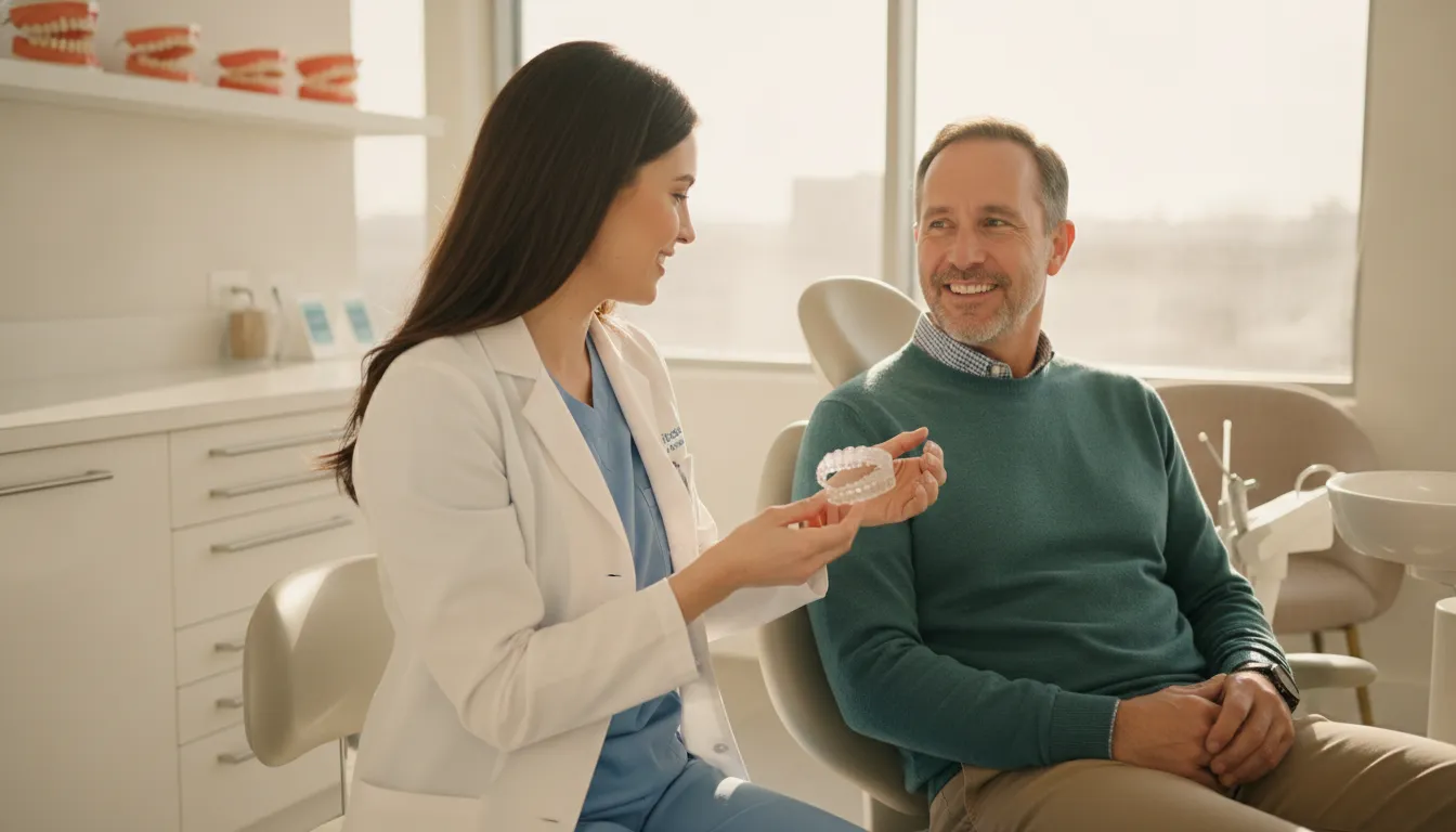 Dental sleep medicine specialist showing a custom oral appliance to a patient during a consultation