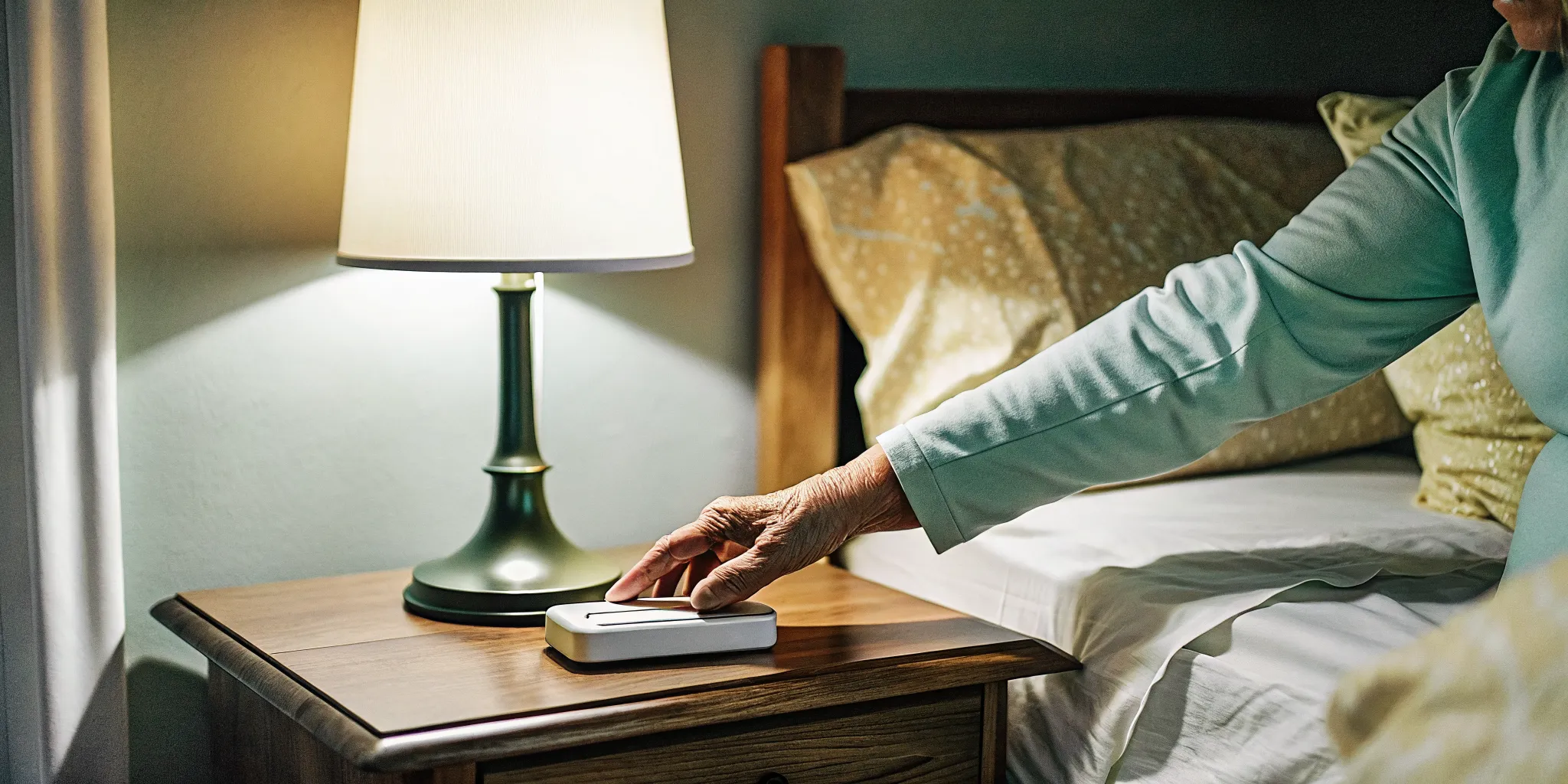 Custom oral appliance case resting beside a lamp on a bedside table at night