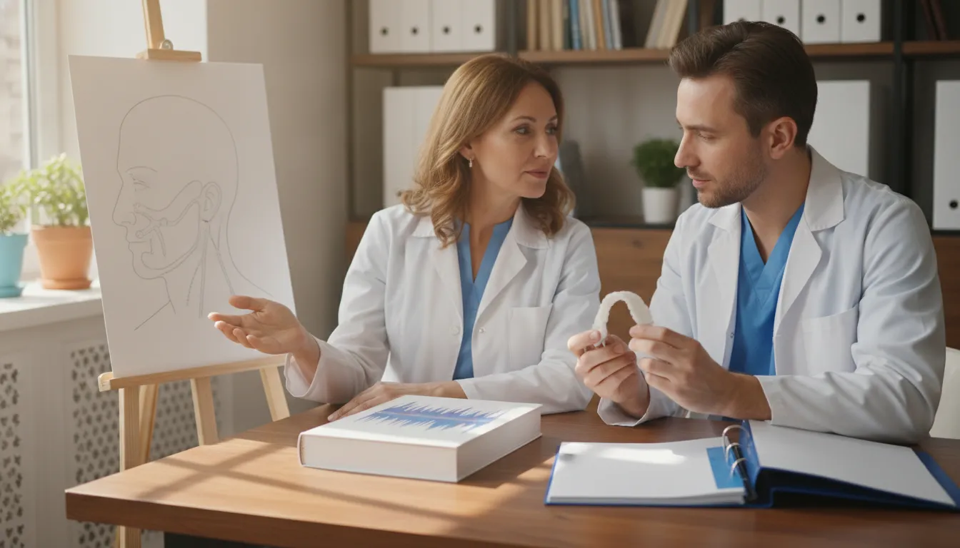 Sleep physician and dentist reviewing a patient sleep study and care plan together in a medical office