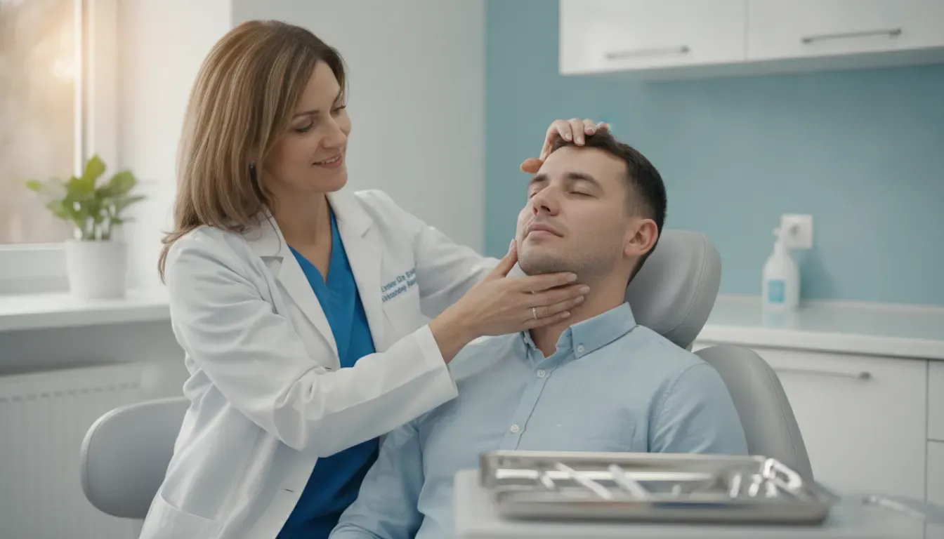 Clinician examining a patient's jaw during an orofacial pain evaluation