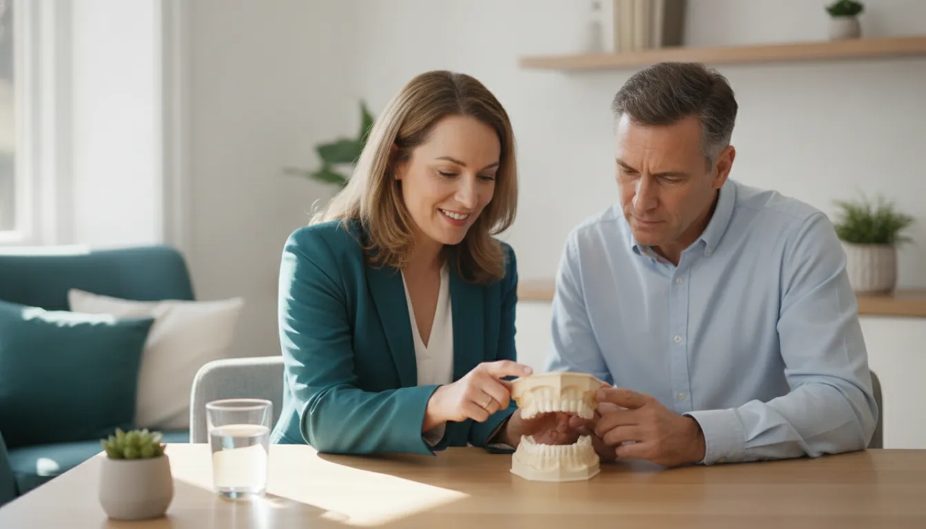 Clinician and patient reviewing a jaw model during a TMJ consultation