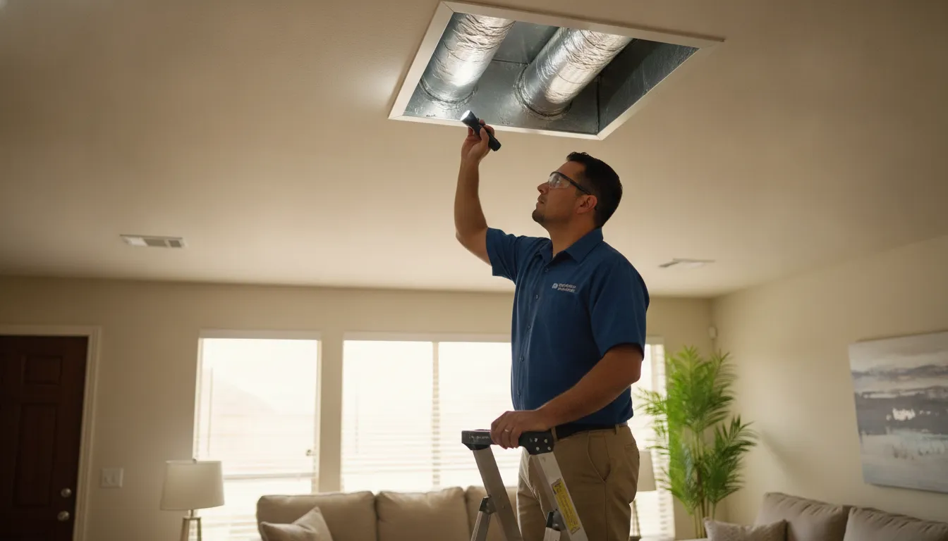 HVAC technician inspecting residential air ducts in a Houston area home