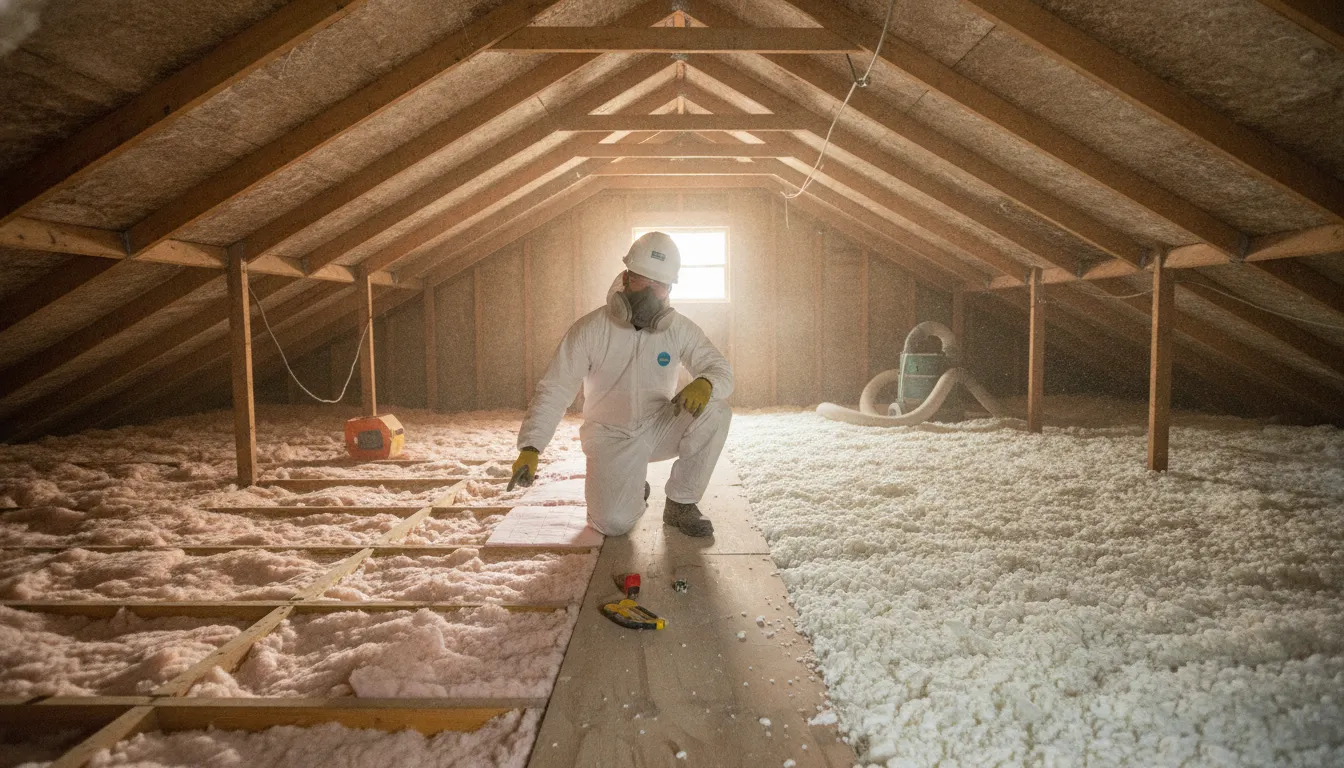 Insulation professional comparing batt and blown-in coverage in a Houston attic