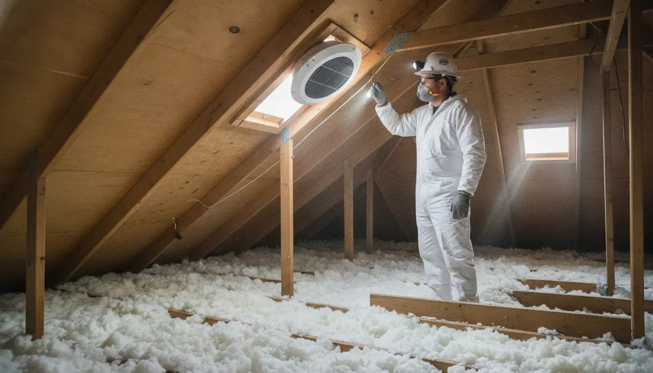 Attic fan installation service technician inspecting a solar attic fan in a Houston home