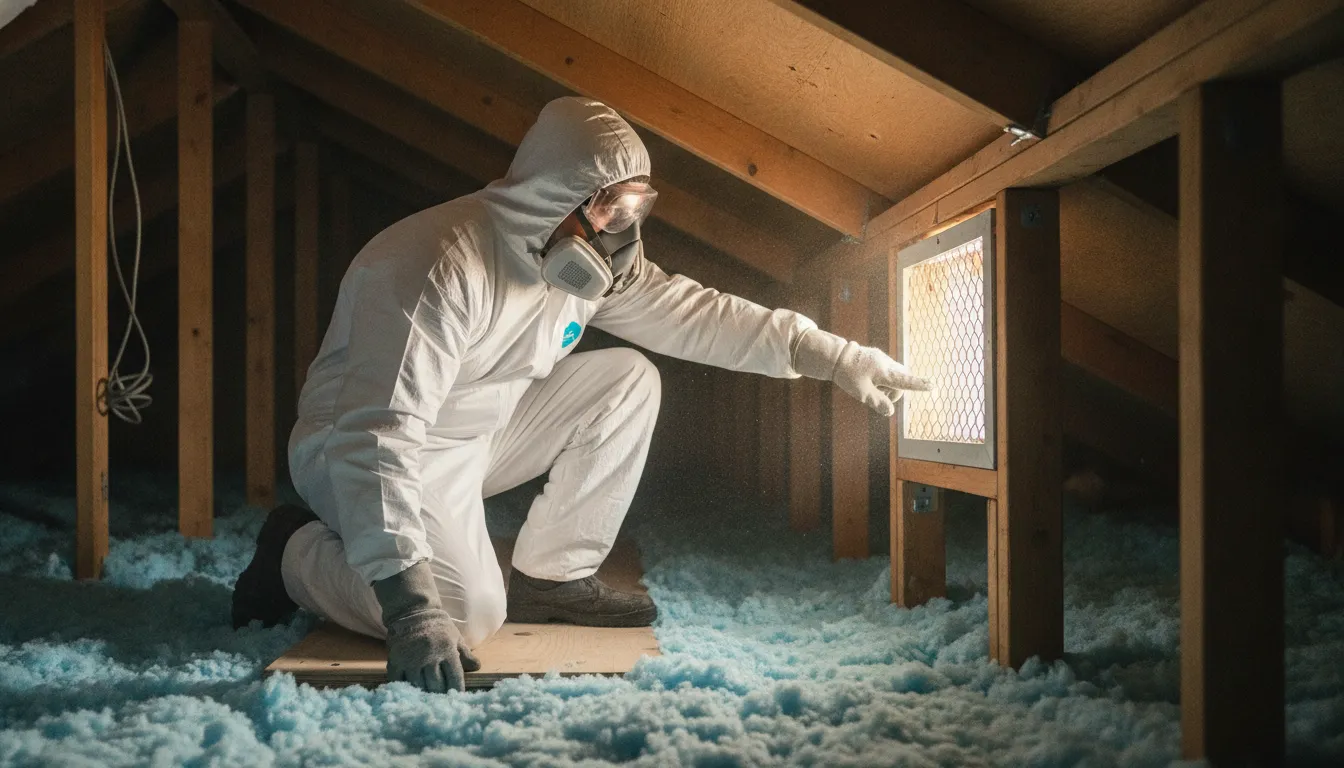 Professional inspecting attic insulation in a Houston home